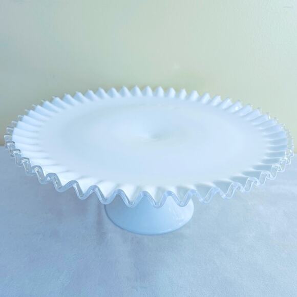 Fenton Silver Crest Ruffled Milk Glass Pedestal 13.5" Dessert Cake Plate Stand - Picture 1 of 15